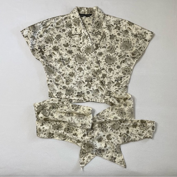 Vintage Silk Satin Tie Front Crop Top Green Floral - Picture 4 of 16